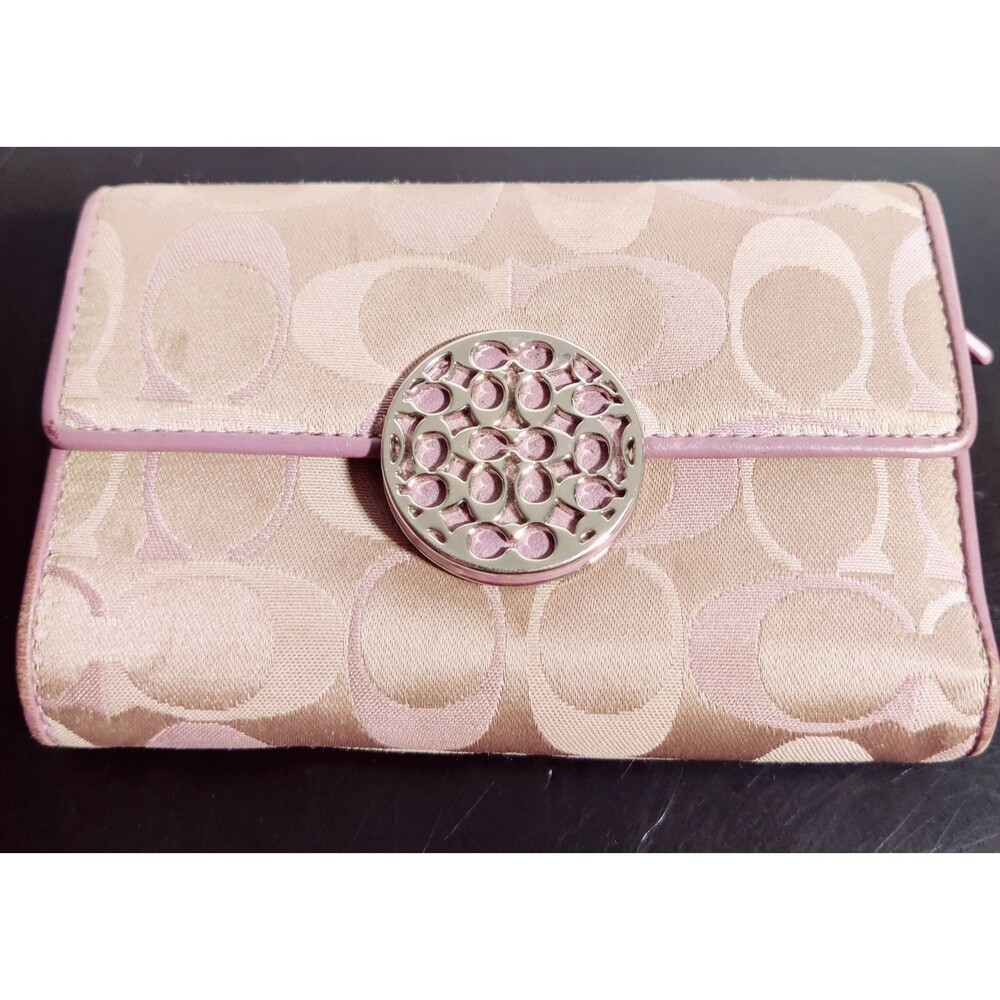Coach Signature Trifold Canvas/Leather Wallet Lavender Trim Snap Wallet - Picture 2 of 13